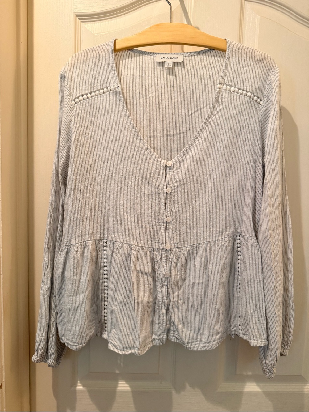 Callahan Light Blue Striped V-Neck Button-Front Peplum linen blend Top